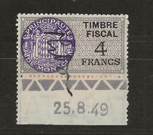 TIMBRES FISCAUX DE MONACO SERIE UNIFIEE N°82  4F Violet, Lilas Et Noir   Coin Daté Du 25 8 49 Oblitéré - Fiscali