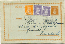 TURQUIE ENTIER POSTAL AVEC AFFRANCHISSEMENT COMPLEMENTAIRE DEPART ISTAMBUL 12-1-194(0) POUR MONACO - Brieven En Documenten