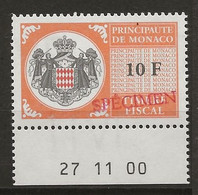 FISCAUX DE MONACO SERIE UNIFIEE N° 102 10Forange Rare Coin Daté Du 27 11 00 Surchargé Spécimen Neuf Gomme Mnh (**) - Fiscali