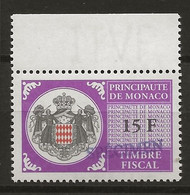 FISCAUX DE MONACO SERIE UNIFIEE N° 103 15 F Violet Rare Surchargé Spécimen Neuf Gomme Mnh (**) - Fiscale Zegels