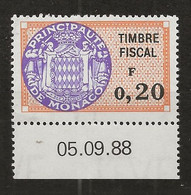 TIMBRES FISCAUX DE MONACO SERIE UNIFIEE N°87  20c Orange  Coin Daté Du 5 9 88 Neuf Gomme Mnh (**) - Steuermarken