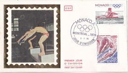 Delcampe - MONACO  FDC SUR SOIE 1976 JEUX OLYMPIQUES DE MONTREAL NATATION AVIRON - FDC