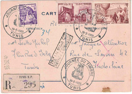 Tunisie - Tunis - Carte Postale Recommandée Pour Saigon (Indochine) - Retour Envoyeur - Cachet Journée Du Timbre 1955 - Used Stamps