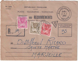 Meuse - Aubréville - Postes & Télégraphes - Service Des Recouvrements - Lettre Recommandée Taxée Pour Marseille - 1957 - Postage Due Covers