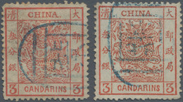 China: 1878/82, Large Dragon 3 Ca. Dark Red (2) Thin Paper Resp. Thick Paper, Both Canc. Blue Seals - Unclassified