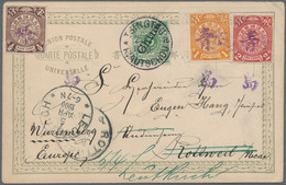 China: 1898, Coiling Dragon 1/2 C., 1 C. And 2 C. Tied Violet "Tsingtau" To Ppc "harbor Hong Kong" I - 1912-1949 Republic