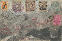 China: 1900/02, Five-country Franking On Viewsite Of Picture Post Card ("The Great Wall") Real Used - 1912-1949 Republik