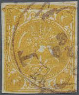 Iran: 1876, 4 Kran Yellow, Type A On Laid Paper With RESCHT 20/6 Postmark. Certificate Sadri - Irán