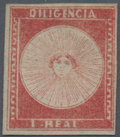 Uruguay: 1856, 1 R. Vermilion, "El Sol De Mayo", Unused Without Gum, Full Margins On Four Sides. Sig - Uruguay