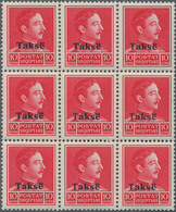 Albanien - Portomarken: 1936, 10 Q. King Zogu In A Block Of Nine With Two Overprint Versions In Pair - Albania