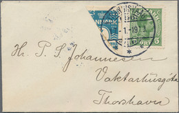 Dänemark - Färöer: 1919, 5 O Green And 4 O Blue BISECTED, Obliterated With Cds "TRANGISVAAG, 17.1.19 - Faroe Islands