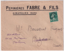1929 - SEMEUSE PREOBLITERE ! - ENVELOPPE ILLUSTREE PUB "PEPINIERES FABRE" De AIMARGUES (GARD) => BIZANET (AUDE) - 1906-38 Semeuse Con Cameo