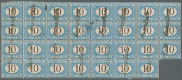 Italien - Portomarken: 1870, "10 L. Blue And Brown" (Sassone No. 14) In A Spectacular Block Of 31 Us - Impuestos