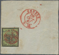 Schweiz - Genf: 1845 Kleiner Adler 5 C. Schwarz/gelbgrün, Entwertet Mit Voll Aufgesetzter, Roter Gen - 1843-1852 Federal & Cantonal Stamps