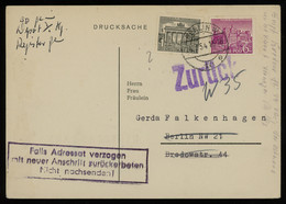 TREASURE HUNT [01937] Berlin 1954 Printed Matter Post Card Sent Within Berlin Bearing 1 Pf Black+6 Pf Violet, Returned - Brieven En Documenten