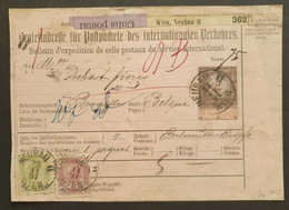 Österreich 1891, Paketkarte MiF NEUBAU WIEN Gelaufen Bruxelles über CÖLN(RHEIN) - Storia Postale