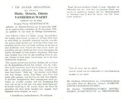 Doodsprentje Vanderhauwaert Marie Octavie Odonie  	08-09-1888 Maarke-Kerkem	29-12-1975 Wed. Prosper Victor Schiettecatte - Décès