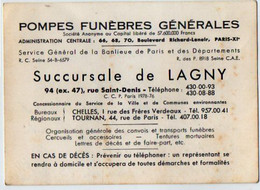 VP18.226 - PARIS - CDV - Carte De Visite - Pompes Funèbres Générales / Succursale De LAGNY Bureaux à CHELLES Et TOURNAN - Visiting Cards