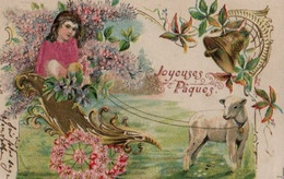 Belle Illustrée Gaufrée Et Tissus  : Petite Fille  En Carrosse Tiré Par Un Agneau - Pasqua