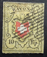 SUISSE 1850 POSTES FÉDÉRALES Yvert No 15, 10 R Jaune Noir Et Rouge RAYON II , Obl TB - 1843-1852 Federale & Kantonnale Postzegels