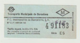 Carte D'entrée-toegangskaart-ticket: Transports Municipals De Barcelona (E) Serie: ES - Europa
