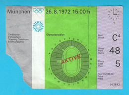 OLYMPIC GAMES MUNCHEN 1972 - OPENING CEREMONY - Original Old Ticket * Jeux Olympiques Billet Olympia Olympiade Munich 72 - Bekleidung, Souvenirs Und Sonstige