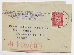 PETAIN 1FR SEUL PETITE BANDE COMPLETE PARIS RP DEPART 13.10.1943  POUR SUISSE AU TARIF RARE - 1941-42 Pétain