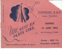 JP  /  Ticket Entrée TOUR EIFFEL PARIS Ascension Nuit   Une Nuit En Plein Ciel 1952  ASCENSION - Tickets - Vouchers