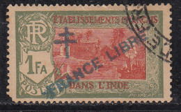 French India 1942 Used 1fa Overprint FRANCE LIBRE & Cross, (Cond., Perf., Short) - Used Stamps