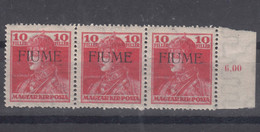 Italy WWI Occupation Fiume 1918 Sassone#24 Mi#26 Strip Of 3, Mint Hinged - Fiume