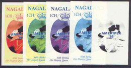 Nagaland 1986 Queen's 60th Birthday Imperf Souvenir Sheet (1ch Value) With AMERIPEX Opt In Blue, Set Of 5 Progressive Pr - Local Issues