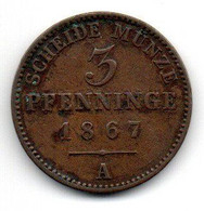 Prusse -  3 Pfenninge 1867 A  -  TB+ - Petites Monnaies & Autres Subdivisions