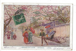 Yokohama (Japon) : Illustrateur Pousse Pousse Dans Une Rue Cerisiers En Fleurs En 1908(animé) ETAT PF. - Tokyo