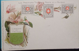 Suisse  CPA  Canton De Vaud Les Premiers Timbres Poste De La Suisse Liberté Et Patrie - Premier