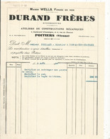 Facture , Ateliers De Constructions Mécaniques DURAND FRERES ,POITIERS , Vienne, 1938 , Frais Fr 1.85 E - 1900 – 1949