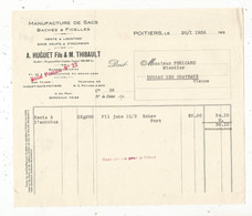 Facture , Sacs , Baches ,A. Huguet Fils & M. Thibault ,POITIERS , Vienne, 1938 , Frais Fr 1.75 E - 1900 – 1949