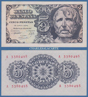 1947 SPAIN  5 PESETAS  PORTRAIT OF SENECA   SERIAL No. A 3380495   PICK 134a  EXCELLENT  CONDITION - 5 Pesetas