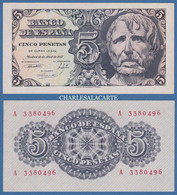 1947 SPAIN  5 PESETAS  PORTRAIT OF SENECA   SERIAL No. A 3380496   PICK 134a  EXCELLENT  CONDITION - 5 Peseten