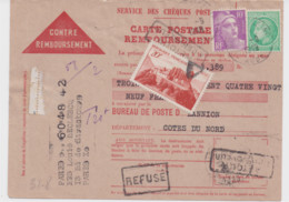 Contre Remboursement 1949 Pour Lannion Cote Du Nord Taxé 20F Avec 841A - Postage Due Covers