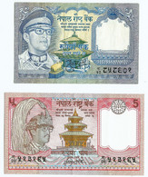 Nepal 1 Biljet Van 1 Rupee En 1 Biljet Van 5 Rupee Gebruikt (3208) - Népal