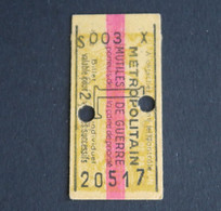 Ancien Ticket Paris 1946 WW2 Mutilés De Guerre L Metropolitain Railway Tickets 3 - Europa