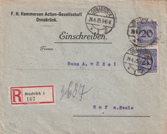 ALLEMAGNE 1925 LETTRE RECOMMANDEE DE OSNABRÜCK AVEC CACHET ARRIVEE HOF - Storia Postale