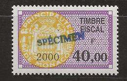 TIMBRES FISCAUX DE MONACO SERIE UNIFIEE N°96 40F Violet, Jaune 2000 Rare Surchargé Spécimen Neuf Gomme Mnh (**) - Steuermarken