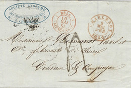 1855- Lettre De CHARLEROI Taxe 4 D Pour Compiègne -entrée Cad Rouge BELG. 4 VALENCIENNES 4 - Marques D'entrées