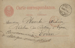 1877- C P E P 10 C De GENEVE Pour Evian Entrée SUISSE / EVIAN LES BAINS Rouge - Marques D'entrées