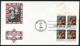 USA 1993 Christmas, Block Of 4 FDC Madonna And Child In And Landscape By Giovanni Battista | Religion - 1991-2000