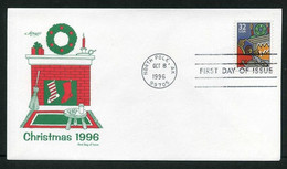 USA 1996 Christmas FDC, North Pole, AK, Oct. 8 (Artmaster) | Family Scenes, Fireplace | Dogs | Lamps And Candles - 1991-2000