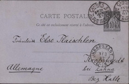 Entier CP 10ct Sage Noir Sur Violet CAD Daguin Cannes 28 Fev 87 Arrivée Allemagne Kropstädt 3 3 1887 écrite En Hébreux - Standard Postcards & Stamped On Demand (before 1995)