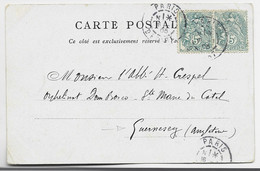 FRANCE BLANC 5C PAIRE CARTE PARIS DEPART AVEC N 16.1.1905 POUR GUERNESEY - 1900-29 Blanc