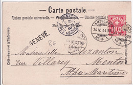 SUISSE - 1904 - CARTE De GENEVE Avec CACHET AMBULANT N°1 ! => MENTON - Spoorwegen
